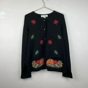 Appleseeds Black Autumn Cardigan with Embroidered Leaves and Harvest Design